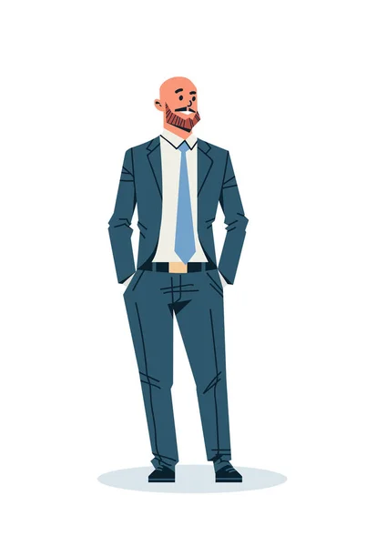 Homme d'affaires tenant les mains poche homme d'affaires employé de bureau personnage de dessin animé masculin isolé plat pleine longueur verticale — Image vectorielle