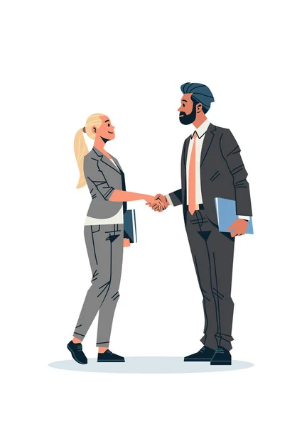 Business couple handshake agreement concept businessman woman hand shake partnership communication male female cartoon character isolated flat full length vertical — Stock Vector