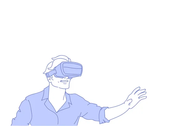 人穿 vr 现代3d 眼镜玩虚拟现实游戏概念素描涂鸦水平男性肖像 — 图库矢量图片