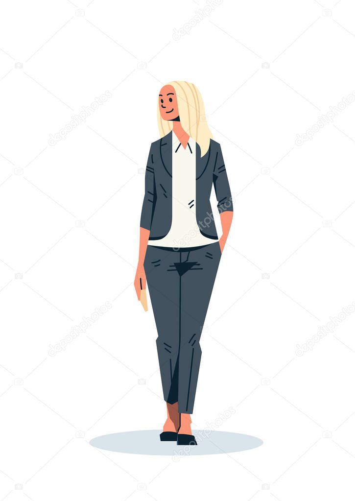 blonde businesswoman hand pocket business woman office worker female cartoon character flat full length isolated vertical