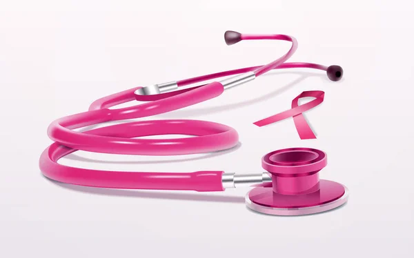Ροζ κορδέλα στηθοσκόπιο εικονίδιο μαστού Καρκίνος ευαισθητοποίησης ρεαλιστική ιατρικό εργαλείο απομονωμένη οριζόντια επίπεδη — Διανυσματικό Αρχείο