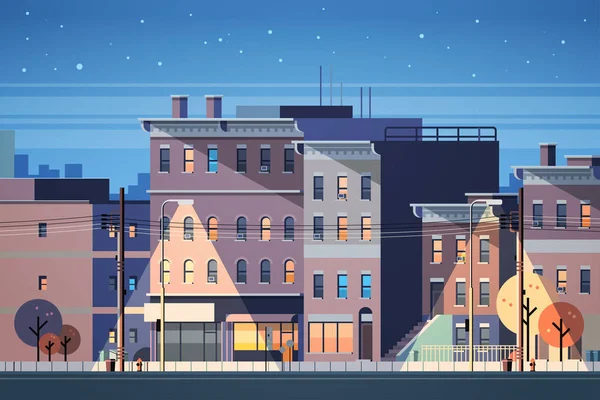 市の建物の夜ビュー スカイライン背景不動産かわいい町概念水平フラット — ストックベクタ