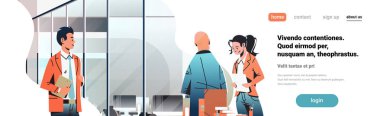 Konsept iç yaratıcı çalışma alanı'nı erkek kadın karikatür karakter portre yatay banner kopya ofis düz coworking modern iletişim iş adamları