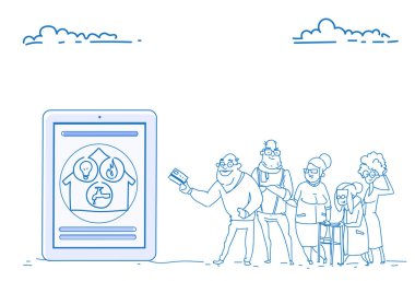Grup üst düzey insanlar mobil uygulama online ortak ödemeler modern emekliler kredi kartı ödeme kavramı kroki doodle el çizilmiş yatay