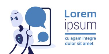 Bot mobil uygulama ekran kabarcık robot sanal yardım messenger destek yapay zeka kavramı düz yatay izole portre kopya alanı sohbet