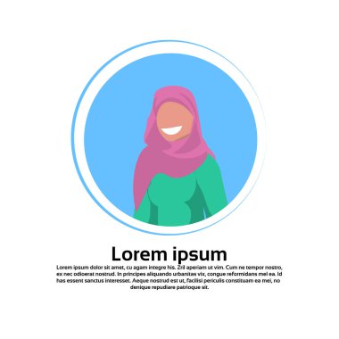 Arap kadın yüz avatar geleneksel kıyafetleri şal Arap kadın karikatür karakter portre izole yuvarlak çerçeve düz giyiyor