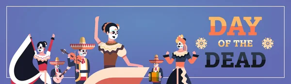 Dia dos mortos tradicional mexicano halloween dia de los muertos festa decoração homem mulher vestindo esqueleto máscaras dança horizontal convite cartão plana retrato —  Vetores de Stock