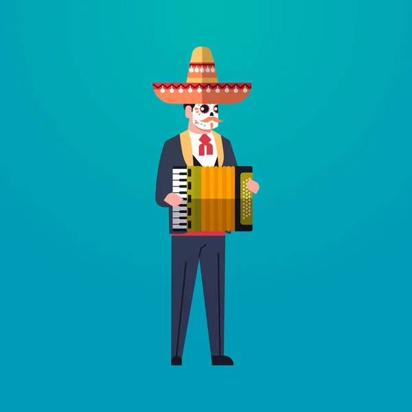 Jour de mort traditionnel mexicain Halloween homme portant des vêtements traditionnels jouant accordéon squelette masque dia de los muertos fête de vacances mâle personnage de bande dessinée pleine longueur plat — Image vectorielle