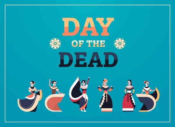 Día de muerto tradicional mexicano halloween día de los muertos fiesta decoración mujer con esqueleto máscaras baile horizontal invitación tarjeta de felicitación plana longitud completa — Archivo Imágenes Vectoriales