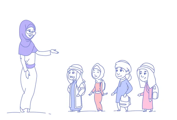 Αραβικά παιδιά μαθητές με οριζόντια μουσουλμάνων μαθητών δασκάλα doodle σκίτσο ομάδα απομονωμένοι — Διανυσματικό Αρχείο