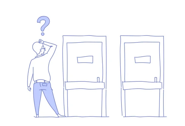 Μελετώντας επιχειρηματίας ερωτηματικά σωστός τρόπος δύο πόρτες επιλογή έννοια επιχείρηση άνθρωπος οπισθοπορείας πρόβλημα λύση νέες ευκαιρίες σκίτσο doodle — Διανυσματικό Αρχείο