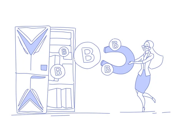 Affärskvinna holding magnet dra bitcoin framgångsrik gruvdrift konceptet virtuella krypto valuta skiss doodle horisontella — Stock vektor