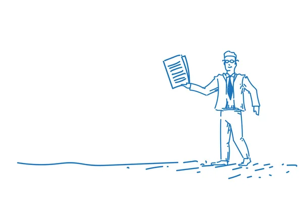 Empresário realizar checklist novo conceito de contrato bem sucedido homem de negócios acordo isolado esboço desenhado à mão doodle comprimento total horizontal — Vetor de Stock