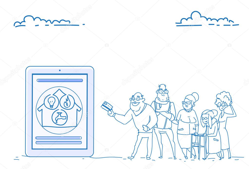Group senior people mobile application online communal payments modern pensioners credit card pay concept sketch doodle hand drawn horizontal