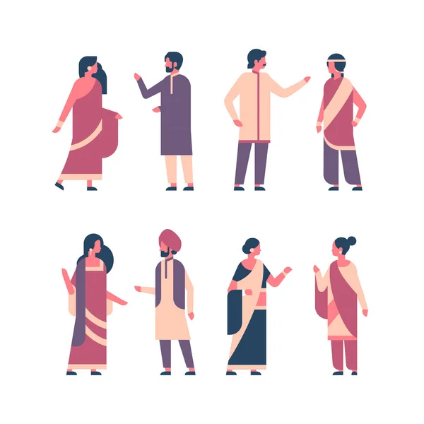 Set indiaanen groep dragen van nationale traditionele kleding hindoe man vrouw viering concept mannelijke vrouwelijke cartoon karakter collectie volle lengte geïsoleerd horizontale flat — Stockvector