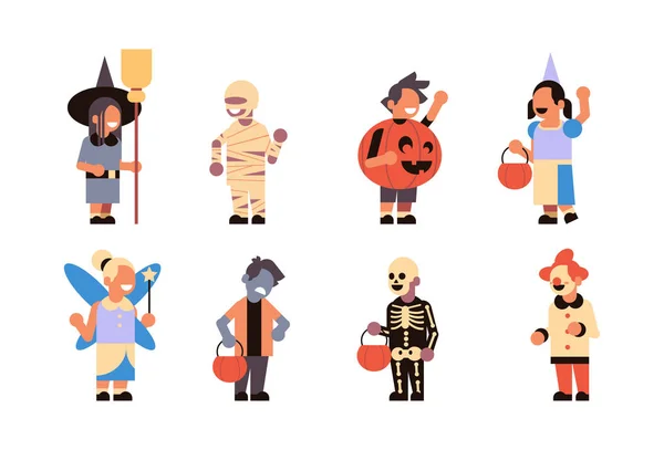 Ensemble différents enfants mignons portent des monstres costume heureux Halloween concept fête célébration isolé horizontal collection plat — Image vectorielle