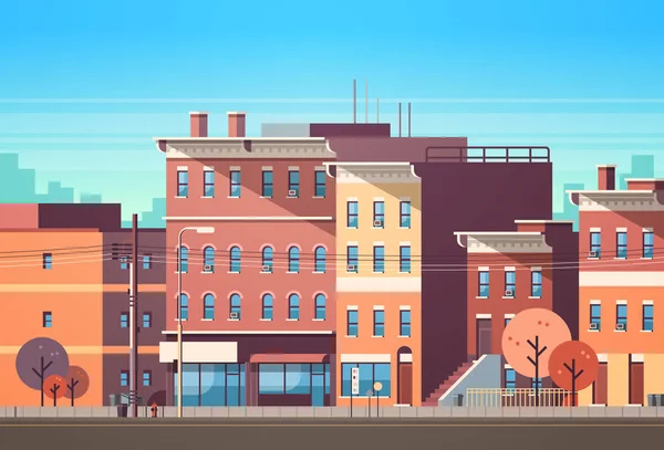 Miasto budynek domy Zobacz panoramę tło w ilustracja koncepcja słodkie miasto nieruchomości poziome płaskie wektor — Wektor stockowy
