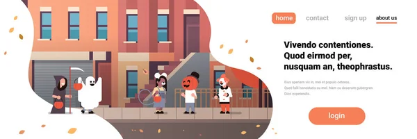 Crianças vestindo monstros fantasma abóbora feiticeiro palhaço trajes andando cidade férias conceito truques ou tratar feliz halloween desenho animado personagem comprimento total horizontal banner cópia espaço plano —  Vetores de Stock