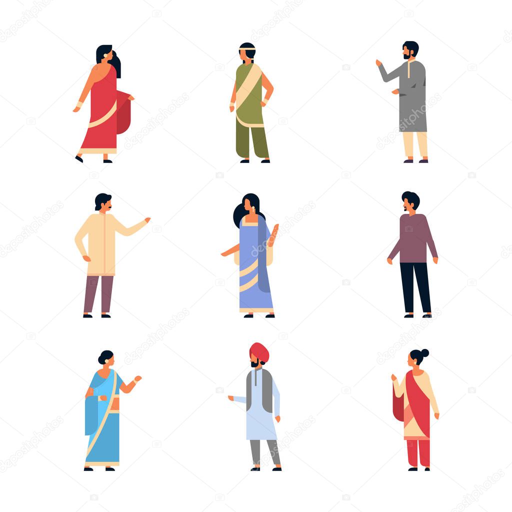 Conjunto diferente indio personas que usan ropa tradicional nacional hindu hombre mujer celebracion concepto masculino mujer dibujos animados caracter coleccion longitud completa aislado horizontal pl...