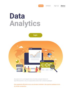 Hint iş adamları birlikte beyin fırtınası kavramı dünya harita arka plan düz dikey kopya alanı vektör çizim üzerinde çalışan diyagram ekonomi veri analytics hesap makinesi grafik