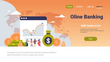 Online bankacılık para grafik büyüme zenginlik kavram doları nakit Hint insanlar dünya harita arka plan düz yatay kopya alanı vektör çizim üzerinde analiz finans