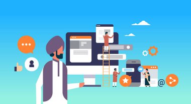 Hint insanlar mobil uygulama geliştirme kavramı adam merdiveni messenger arayüzü tasarlamak düz yatay vektör