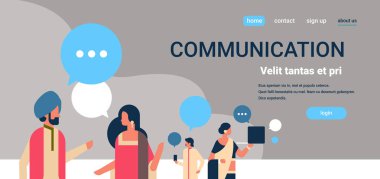 Hint kabarcıklar iletişim kavramı konuşma diyalog Hintli kadın karakter portre yatay kopya alanı düz vektör çizim sohbet