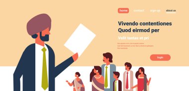 CV Özgeçmiş iş adamı grubu Hint insanlar boş iş pozisyon işe alım kavramı tam kopyaya alan yatay vektör çizim için aday seçimi üzerinde tutan Hintli işadamı lideri