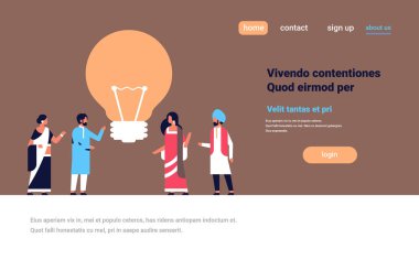 Hint insanlar işlem düz yatay kopya alanı beyin fırtınası yeni fikir ışık lamba yenilik kavramı Hintli kadın ekibi grubu