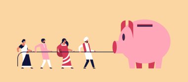 Hint insanlar takım Halat kumbara para büyüme kavramı Hintli kadın takım çalışması başarılı strateji düz çekme