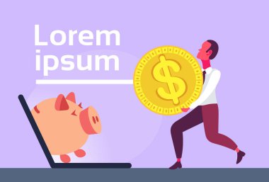 işadamı taşımak Doları para dizüstü ekran kumbara online para tasarruf konsept düz nakit yatırım yatay kopya alanı vektör çizim