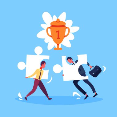 iki işadamı koyarak puzzle parçaları başarılı kazanan şampiyon strateji konsept çalışması trophy Kupası motivasyon ilk yer zafer düz