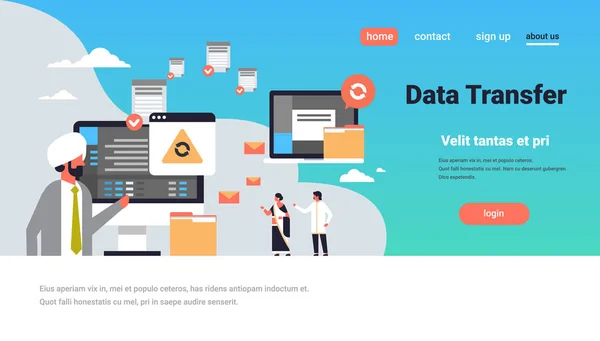 インドの人々 の作業データ転送概念同期コンピューター接続データベース アクセス変換技術水平コピー スペース ベクトル図 — ストックベクタ