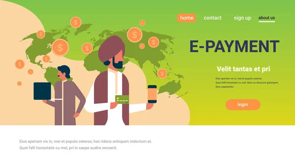 Hint iş insanlar e-ödeme para hareket kavramı online mobil uygulama küresel internet ödeme düz dünya harita arka plan yatay kopya alanı — Stok Vektör