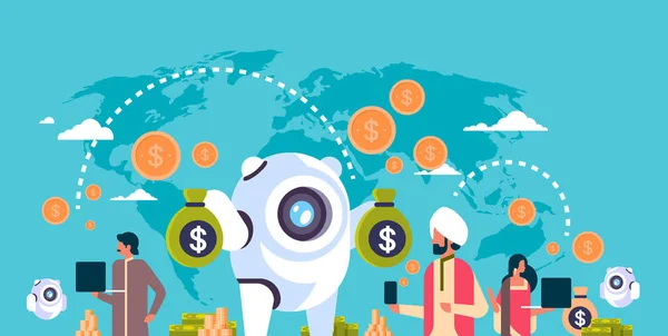 Elektronikus pénz, banki bot indiai emberek használ e-fizetés alkalmazás globális online fizetési tranzakciók koncepció mesterséges intelligencia vízszintes, sík — Stock Vector