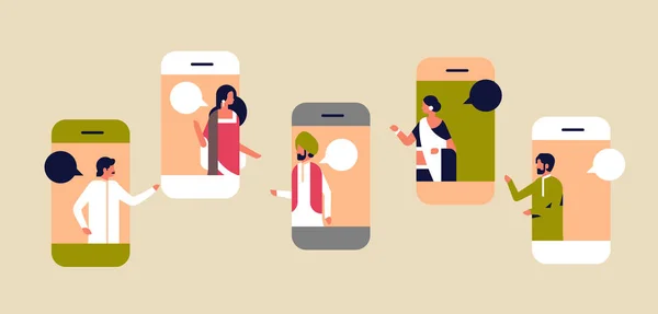 智能手机屏幕聊天气泡移动应用通信概念语音对话印度人女人卡通人物肖像水平平 — 图库矢量图片