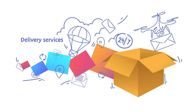Pacchi di carta scatola servizi di consegna veloce concetto schizzo doodle orizzontale — Vettoriale Stock