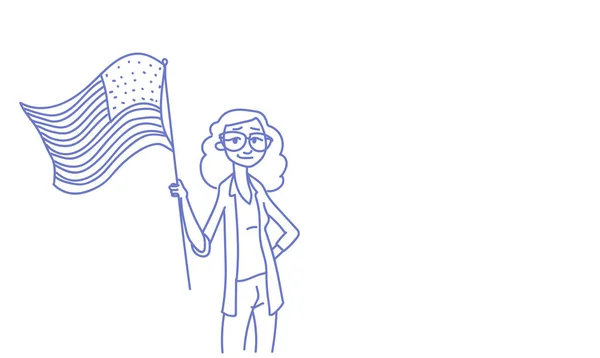 Жінка утримання прапор Сполучених Штатів День незалежності свято 4 липня святкування банер листівку горизонтальні ескіз doodle — стоковий вектор