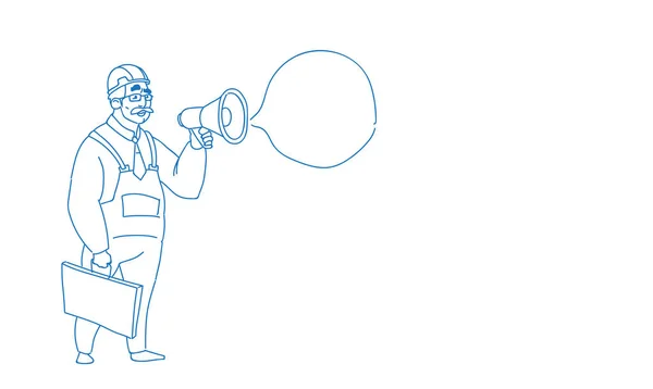 Starszy mężczyzna konstruktora gospodarstwa megafon co ogłoszenie mężczyzna budowy pracownik szkic doodle poziome wektor ilustracja — Wektor stockowy