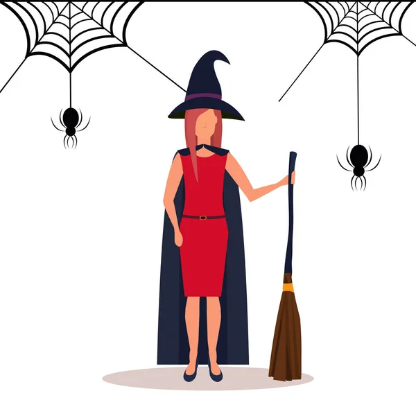 Cadı kostüm mutlu halloween kavramı örümcek web arka plan kadın karikatür karakter tam uzunlukta düz giyen kadın — Stok Vektör