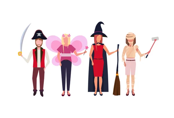Birlikte mutlu halloween izole kavramı erkek kadın karikatür karakter tam uzunlukta düz yatay duran farklı kostümler giyen kadın adam — Stok Vektör