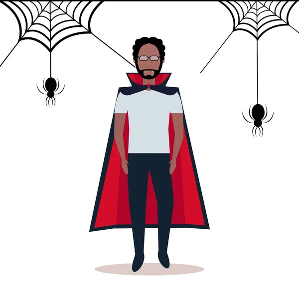 Afro americano homem vestindo dracula traje aranha web fundo feliz halloween conceito masculino desenho animado personagem comprimento total plana — Vetor de Stock