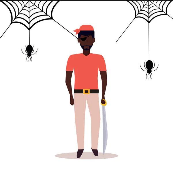 Afro americano homem vestindo pirata traje segurando espada aranha teia fundo feliz halloween conceito masculino desenho animado personagem comprimento total plana — Vetor de Stock