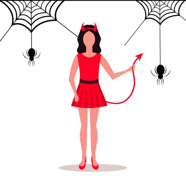 Şeytan kostümü boynuz kuyruk örümcek izole web arka plan mutlu halloween kavramı kadın karikatür karakter tam uzunlukta düz giyen kadın — Stok Vektör