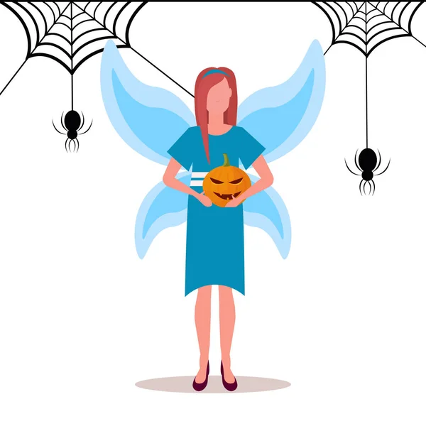 Kabak mutlu halloween kavramı kadın karikatür karakter tam uzunlukta düz holding sihirli peri kostüm giyen kadın — Stok Vektör