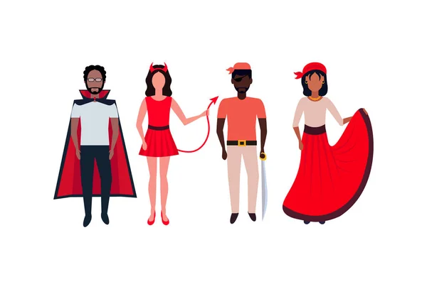 妇女男子穿着不同的服装站立在一起快乐万圣节概念查出的男性女性动画片字符全长扁平水平矢量图 — 图库矢量图片