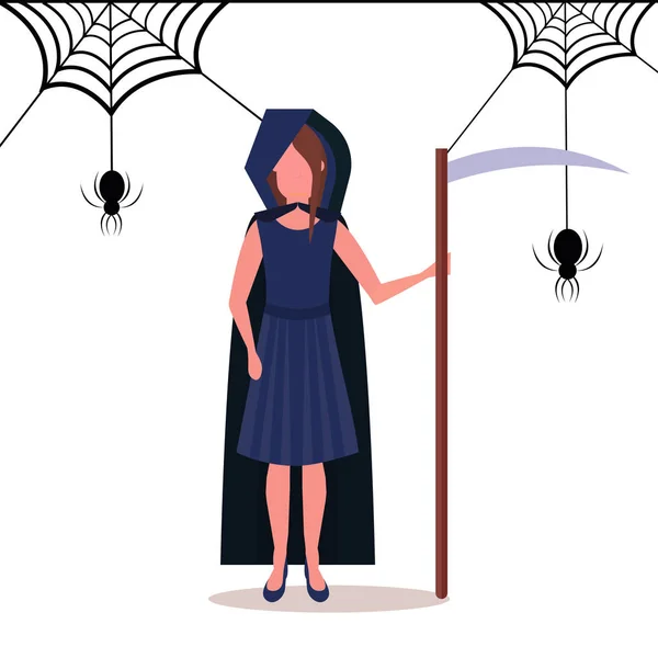 Tırpan Mutlu Halloween Kavramı Örümcek Izole Web Arka Plan Kadın — Stok Vektör