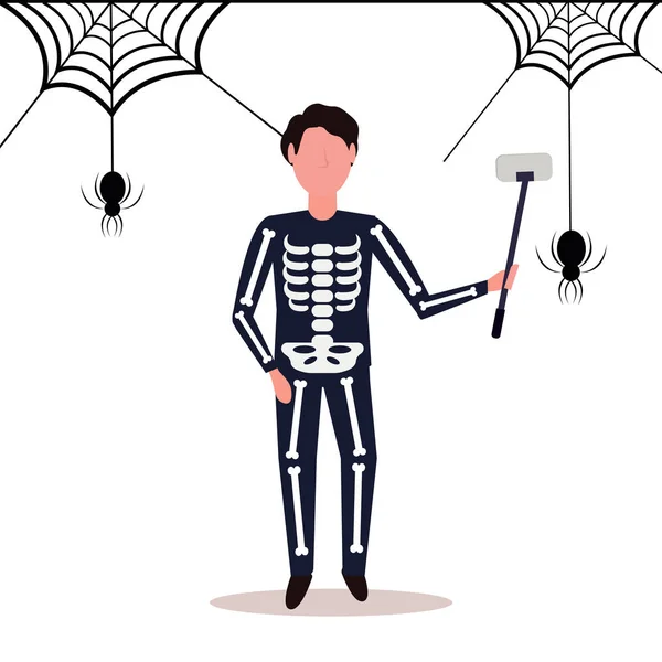 Selfie 蜘蛛の巣を取ってスケルトン衣装を着て男背景ハッピー ハロウィーン概念男性漫画文字全長フラット — ストックベクタ