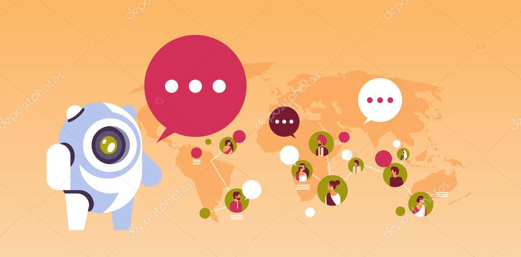 Chatbot robot speech bubble indian people avatar global communication connection artificial intelligence concept indian man woman faces flat horizontal vector illustration