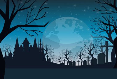 mezarlık mezarlık mezar taş gece dolunay kale dracula ev mutlu halloween kavramı yatay düz